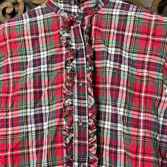 Plaid Ruffle Blouse Sz 10 Vintage Red Green Preppy Academia 1980s Chic - Picture 11 of 16